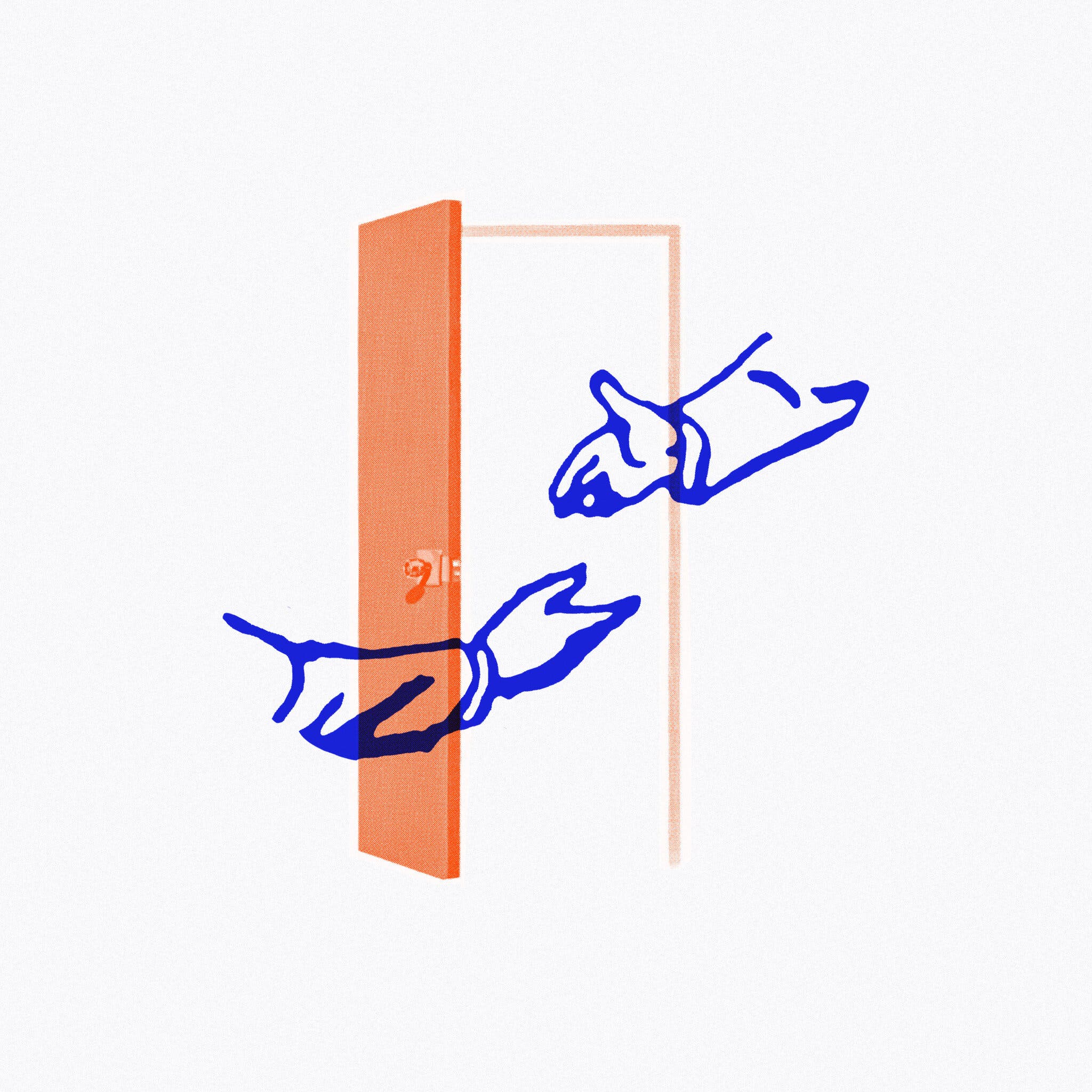 An illustration of two hands meeting in a doorway.