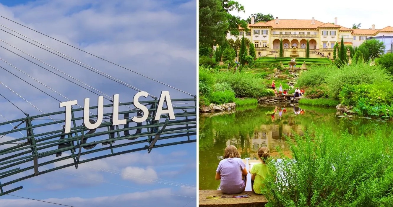 Left: The famous Route 66 Gate in Tulsa. Right: People enjoy a day in the gardens of the Philbrook Museum of Art.