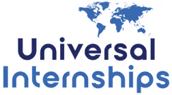 Logo with blue world map above the text 'Universal Internships' in dark and light blue letters.