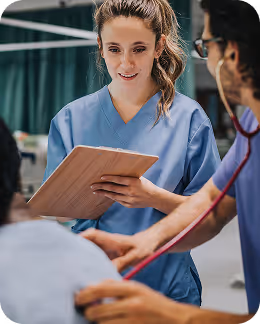 Healthcare and life sciences professionals working in a clinical and laboratory environment