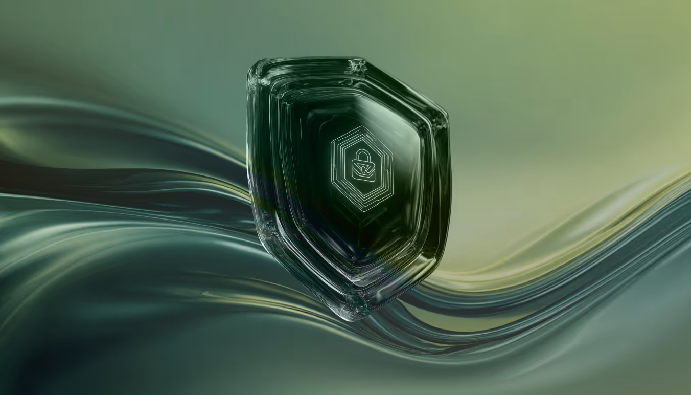 Abstract dark green shield-like transparent shape with a white icon of a handbag and leaf inside.