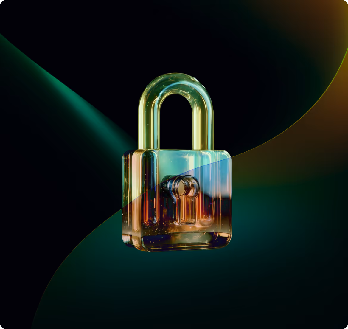 Transparent lock with glowing green and amber hues on a dark abstract background.