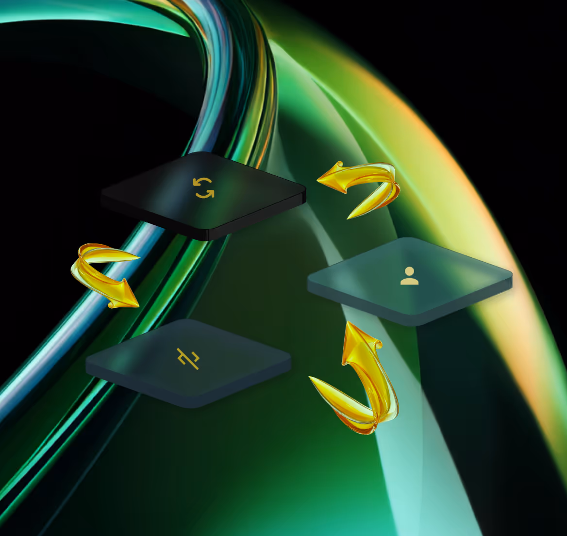 Four dark diamond-shaped buttons with gold icons (refresh, user, slider controls) connected by three golden curved arrows on a green and black abstract background.
