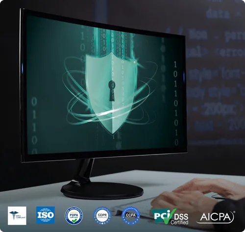 Computer monitor displaying a digital shield with a keyhole surrounded by orbiting lines and binary code, with compliance certification logos below.