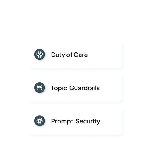 Text describing aligning AI agents with brand tone and protection, featuring three labeled cards: Duty of Care with a heart and plant icon, Topic Guardrails with a barricade icon, and Prompt Security with a shield and lock icon.