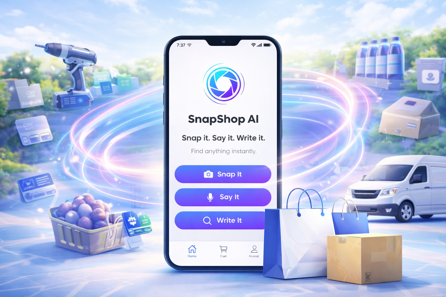 SnapShop AI mobile app interface showing options to snap a photo, use voice, or type to find and purchase items
