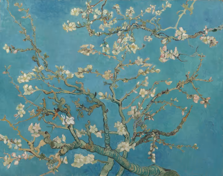A painting of a tree with white flowersDescription automatically generated