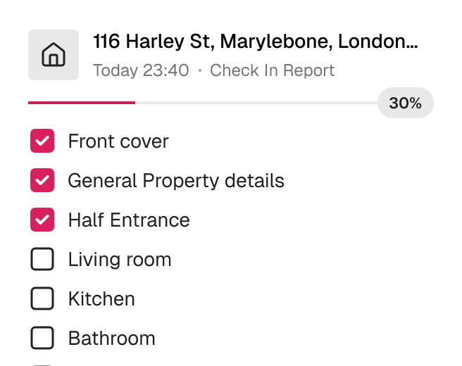 Mobile inspection progress card for a check in report at 116 Harley Street showing 30 percent complete with checklist items like front cover, property details, entrance, living room, kitchen, and bathroom