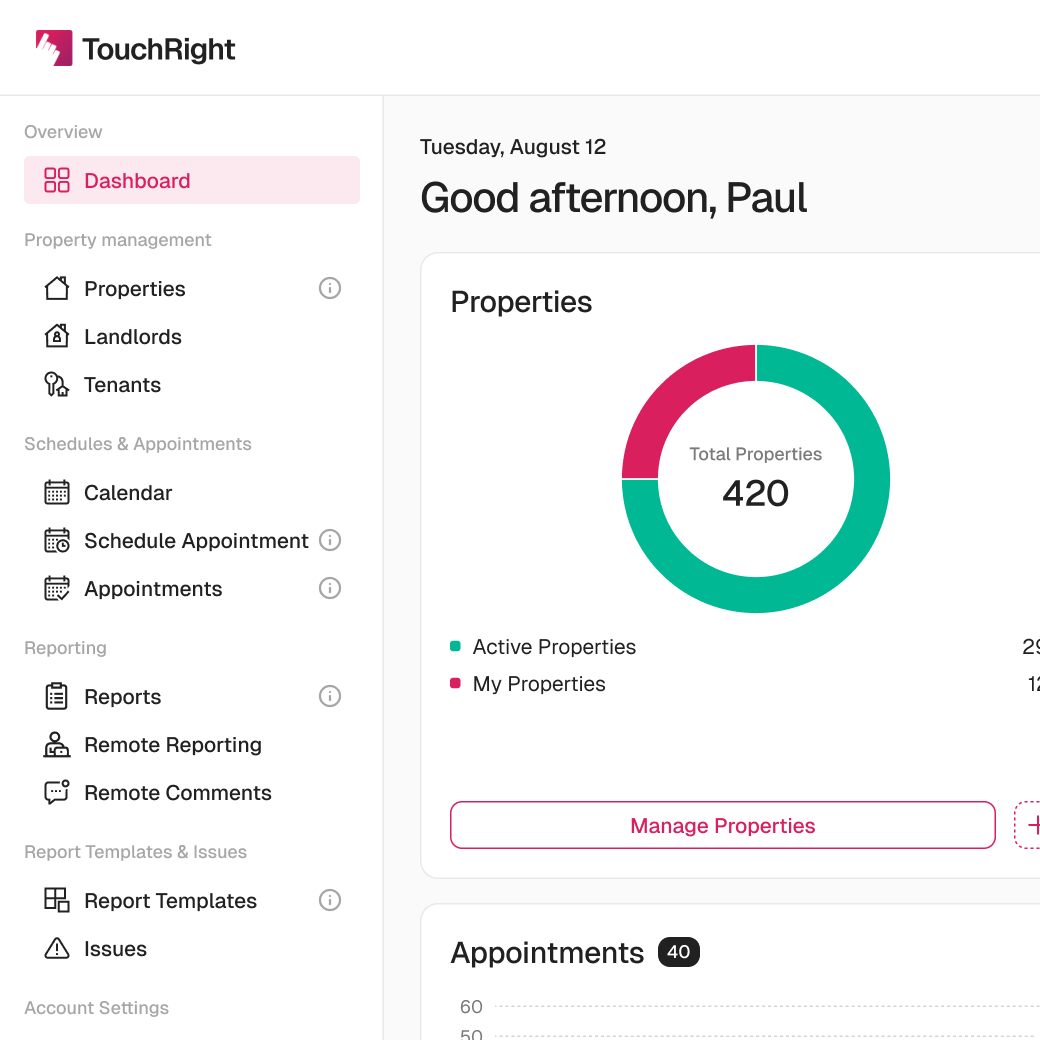 TouchRight web dashboard showing sidebar navigation for properties, calendar, reports and templates, plus a properties overview chart with total properties count