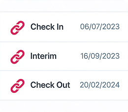 List showing dates for Check In on 06/07/2023, Interim on 16/09/2023, and Check Out on 20/02/2024 with red link icons.