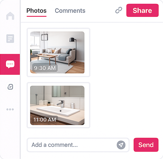Chat interface showing two photo thumbnails: a living room with a couch and floor lamp labeled 9:30 AM, and a bathroom sink with faucet labeled 11:00 AM, with options to add comments and send.