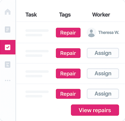 Task management interface showing a list of repair tasks with an assigned worker for the first task and assign buttons for the others, plus a View repairs button.