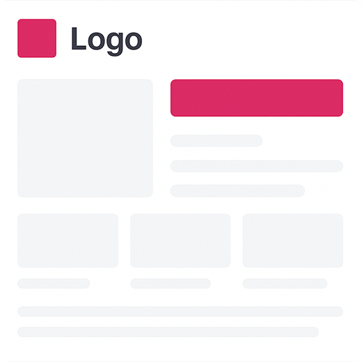 Simplified webpage layout with a red logo placeholder, navigation bar, main image area, and multiple content blocks.