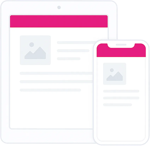 Illustration of a tablet and smartphone displaying simplified web pages with pink headers and placeholder images.