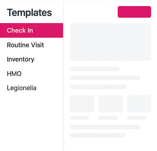 User interface showing a sidebar menu with templates including Check In, Routine Visit, Inventory, HMO, and Legionella, with Check In highlighted.