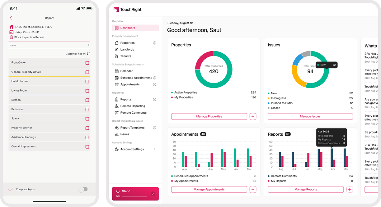 Mobile and tablet screens showing property management app interfaces with report customization, property overview, issue tracking, appointments, and reports dashboards.