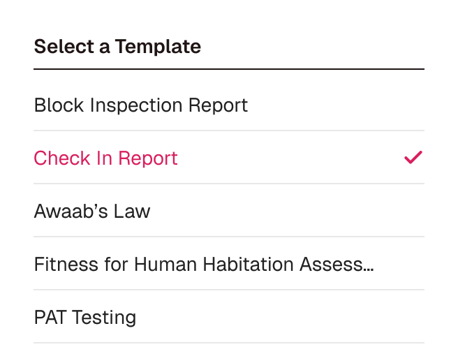List of template options with 'Check In Report' selected and marked by a pink checkmark.