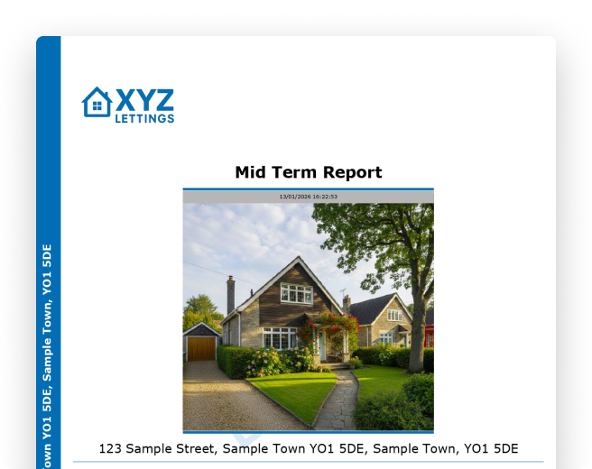 Cover page of a mid term report from XYZ Lettings featuring a photo of a two-story brick house with multiple windows and an adjacent garage.