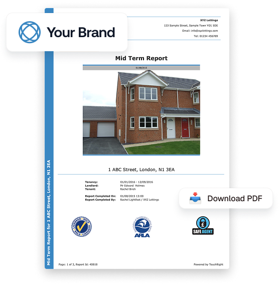 Mid term report page featuring a photo of a brick semi-detached house with two doors and garages, titled '1 ABC Street, London, N1 3EA', including landlord and tenant details and logos from ARLA and SafeAgent.