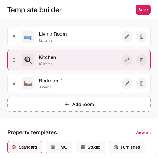 Template builder interface showing rooms Living Room with 12 items, Kitchen with 18 items highlighted, Bedroom 1 with 8 items, option to add room, and property templates selection including Standard, HMO, Studio, and Furnished.