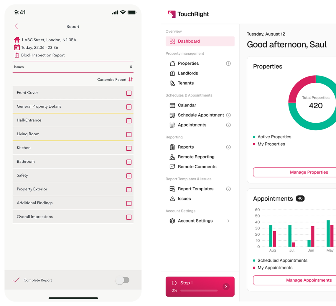 Mobile screen showing a property inspection report checklist with sections to mark and a toggle to complete report; desktop dashboard for TouchRight with navigation menu, property summary pie chart, and appointments bar chart.