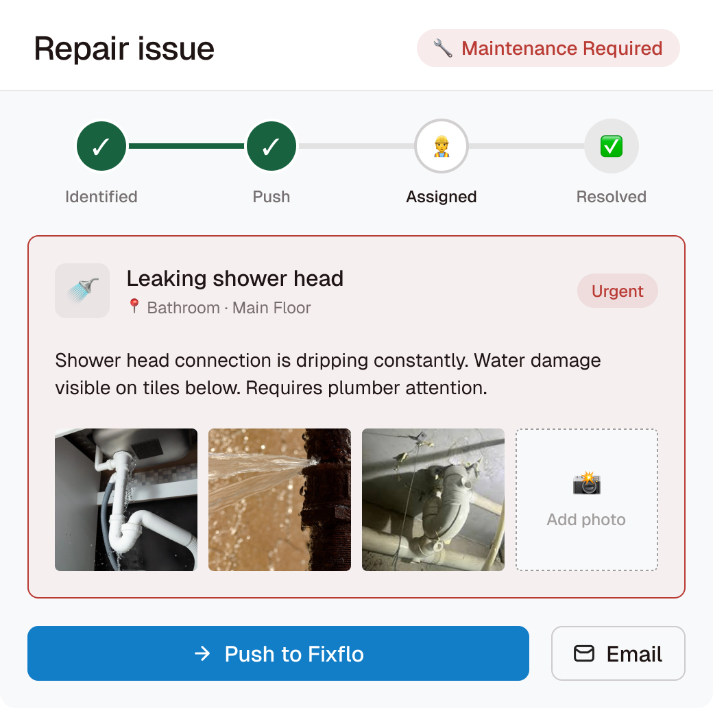 Repair issue interface showing a 'Leaking shower head' marked urgent, located in bathroom on main floor, with water dripping and damage photos, at 'Assigned' stage, with options to push to Fixflo or email.