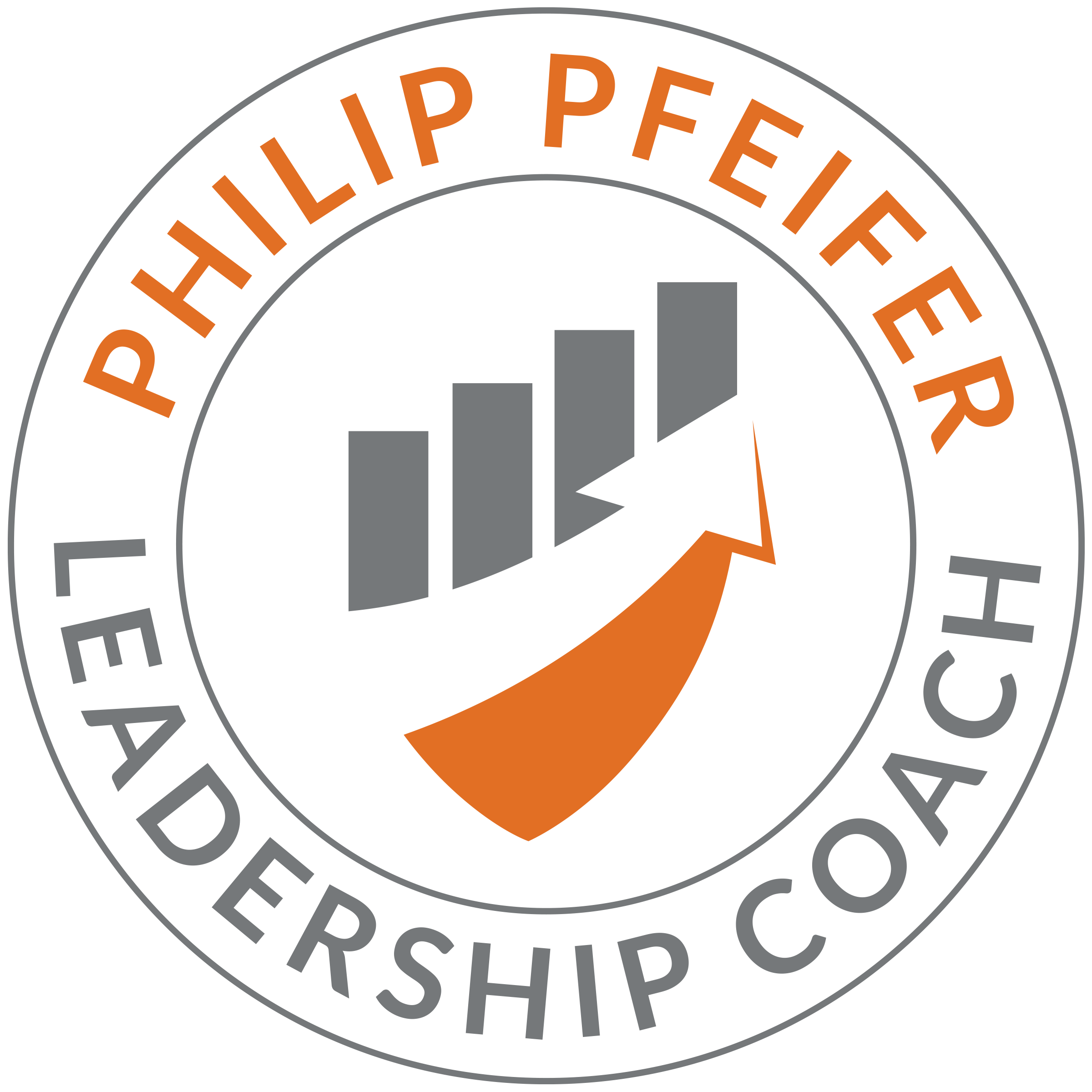 Round logo with text 'Philip Pfeifer Leadership Coach' encircling a shield symbol featuring four ascending grey bars and an orange upward arrow.