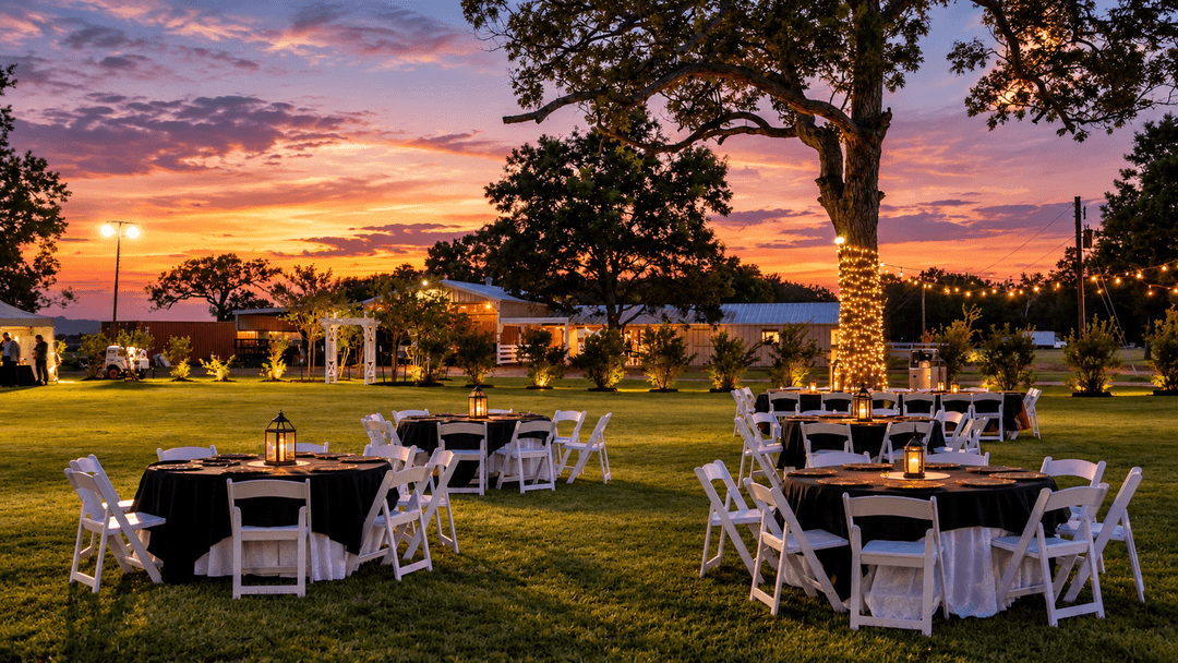 Outdoor event setup at sunset at Marquee Texas Ranch