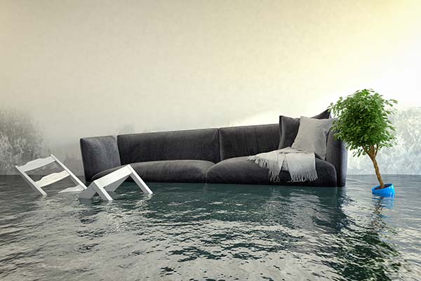 Living room partially submerged in floodwater with a dark gray sofa, a tipped-over chair, and a potted tree.