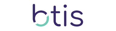 Stylized logo with lowercase letters 'btis' in dark blue, featuring a curved turquoise line forming part of the 'b'.