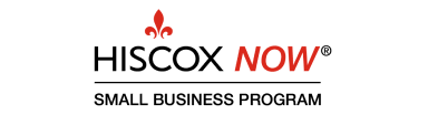Logo with a red fleur-de-lis symbol above the black text 'Hiscox' and red italicized text 'NOW'.