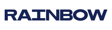 The word 'RAINBOW' in bold, uppercase dark blue letters on a transparent background.