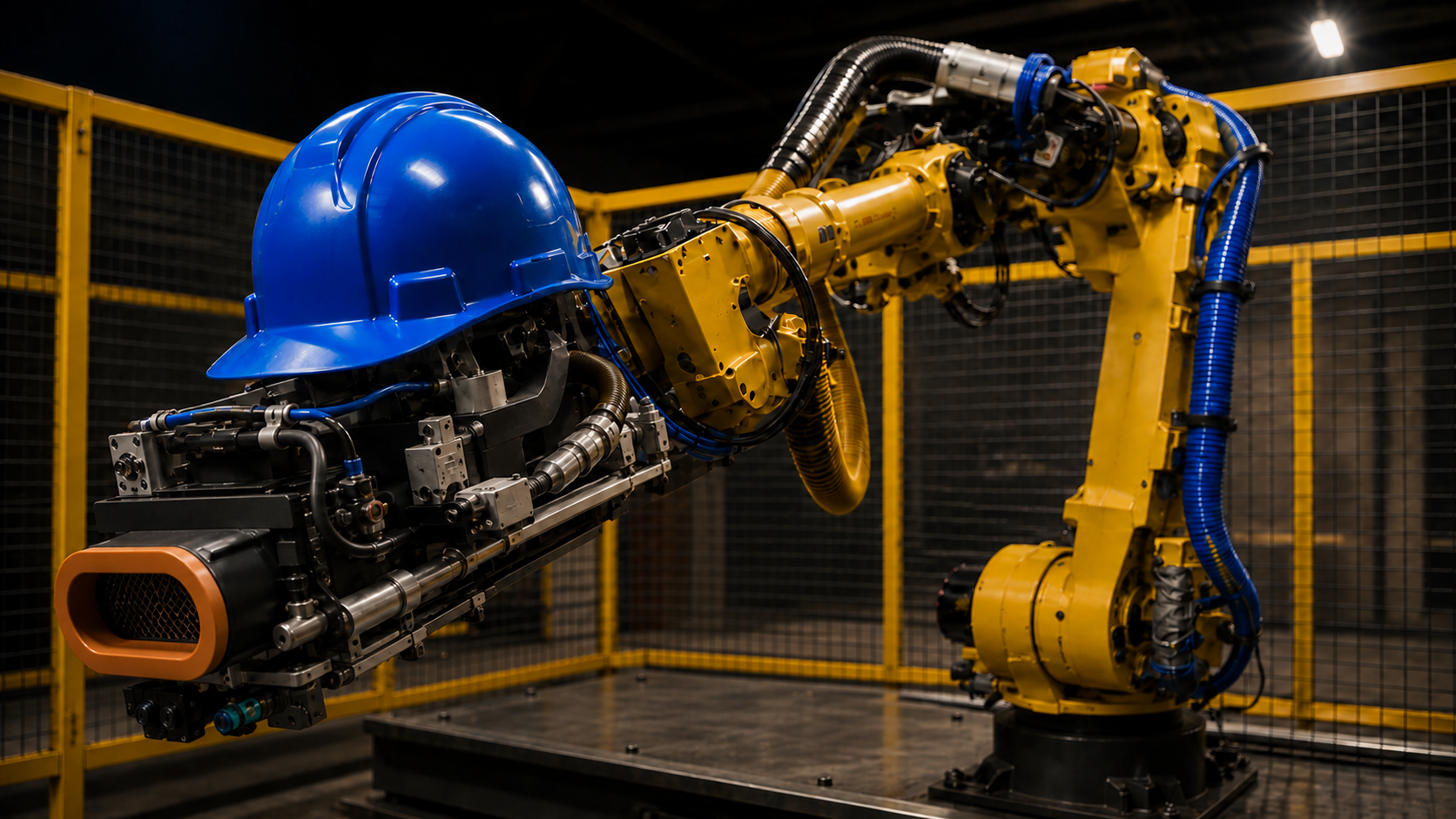 Journey Robotics industrial robotic arm with a blue safety helmet