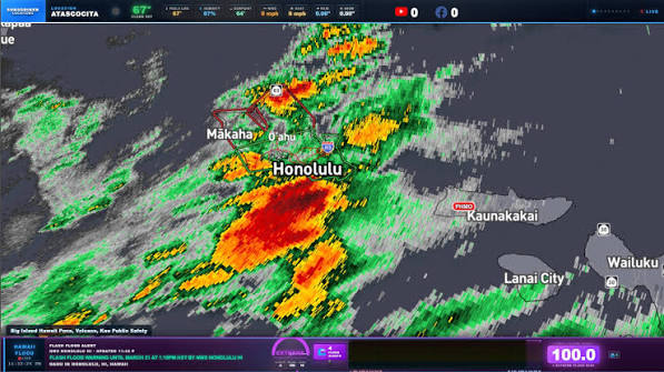 Weather radar of the March 2026 storm over Oahu during a National Weather Service flash flood warning