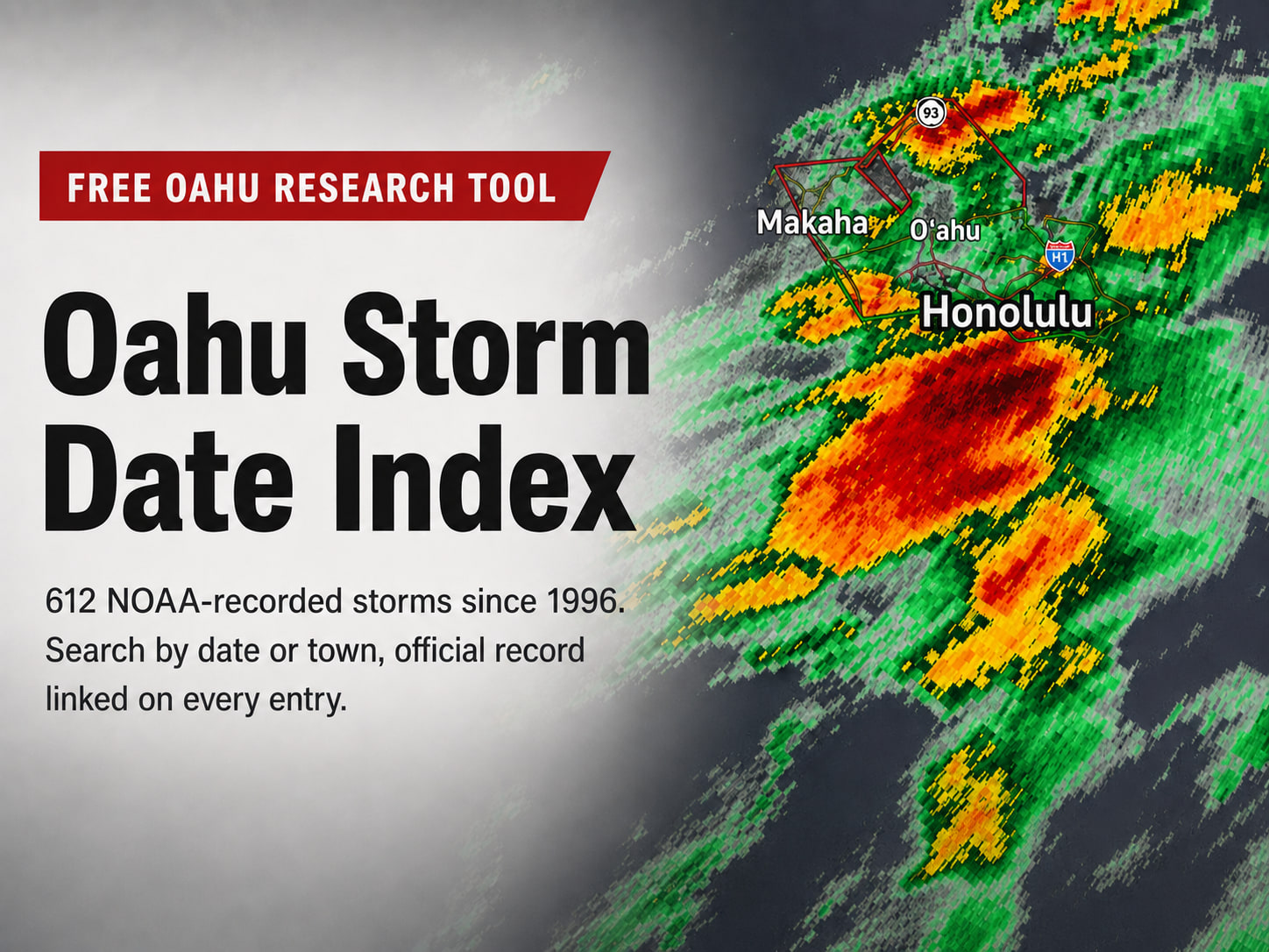 Oahu Storm Date Index: 612 NOAA-recorded storms since 1996, searchable by date or town, shown over radar of a storm crossing Oahu