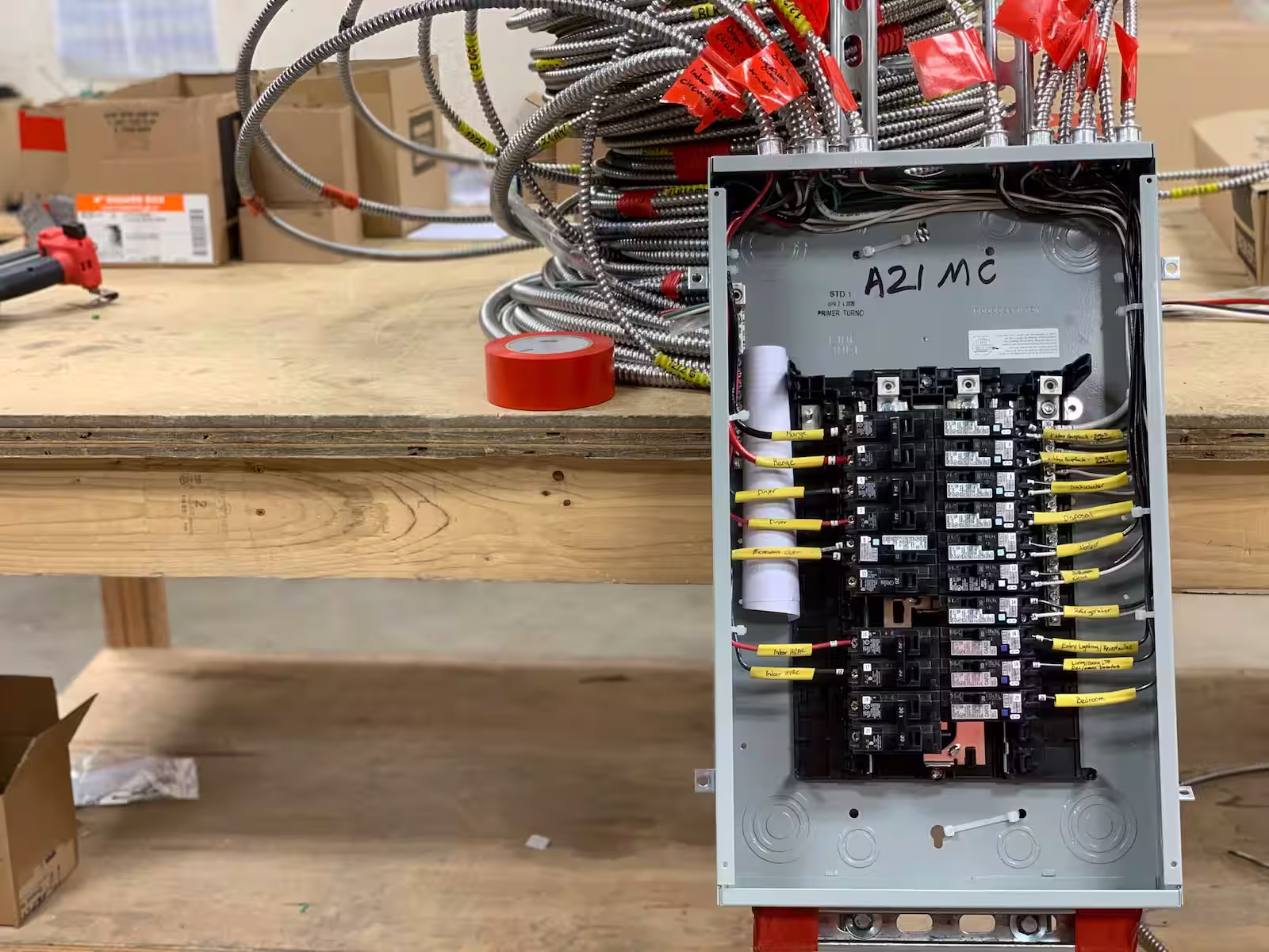 Electrical panel being wired with new breakers and circuits during a panel upgrade