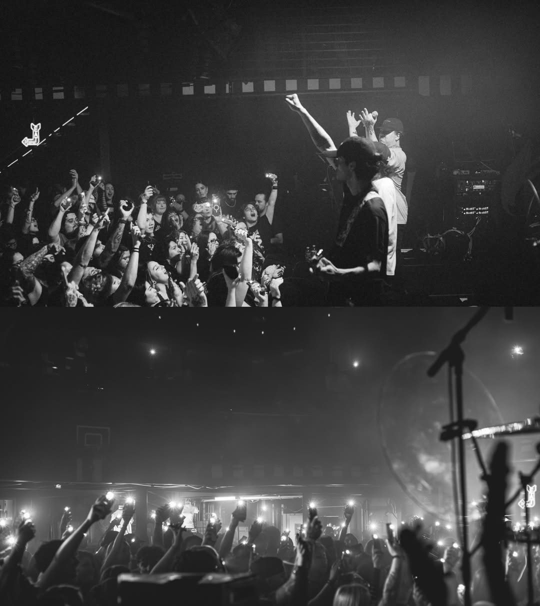 Black and white photo collage of a band performing to an enthusiastic crowd holding up lit phones at a concert.