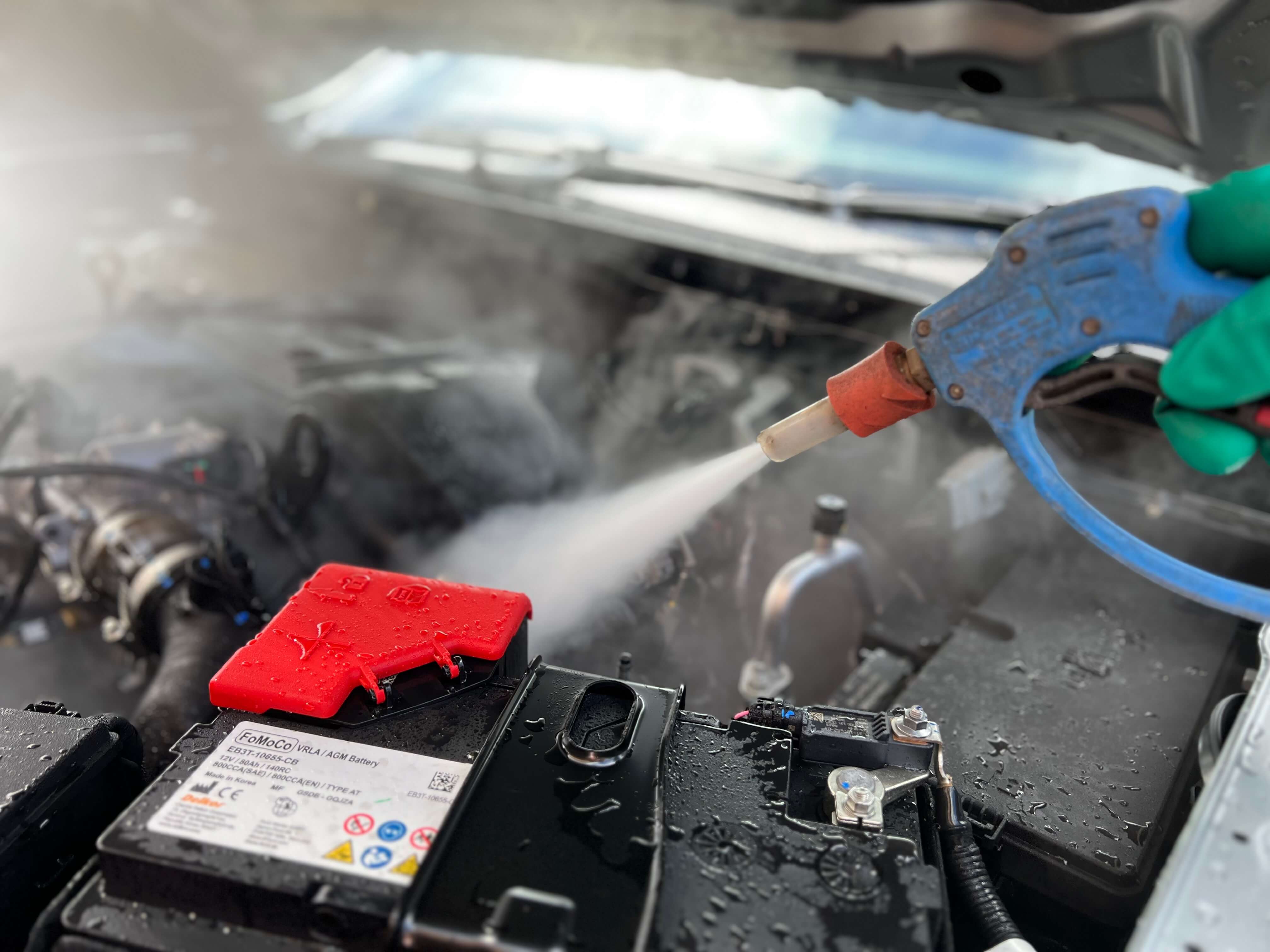 Engine Bay Steam Cleaning and detailing removing grease, grime, oil, dust and leaves for a clean engine compartment