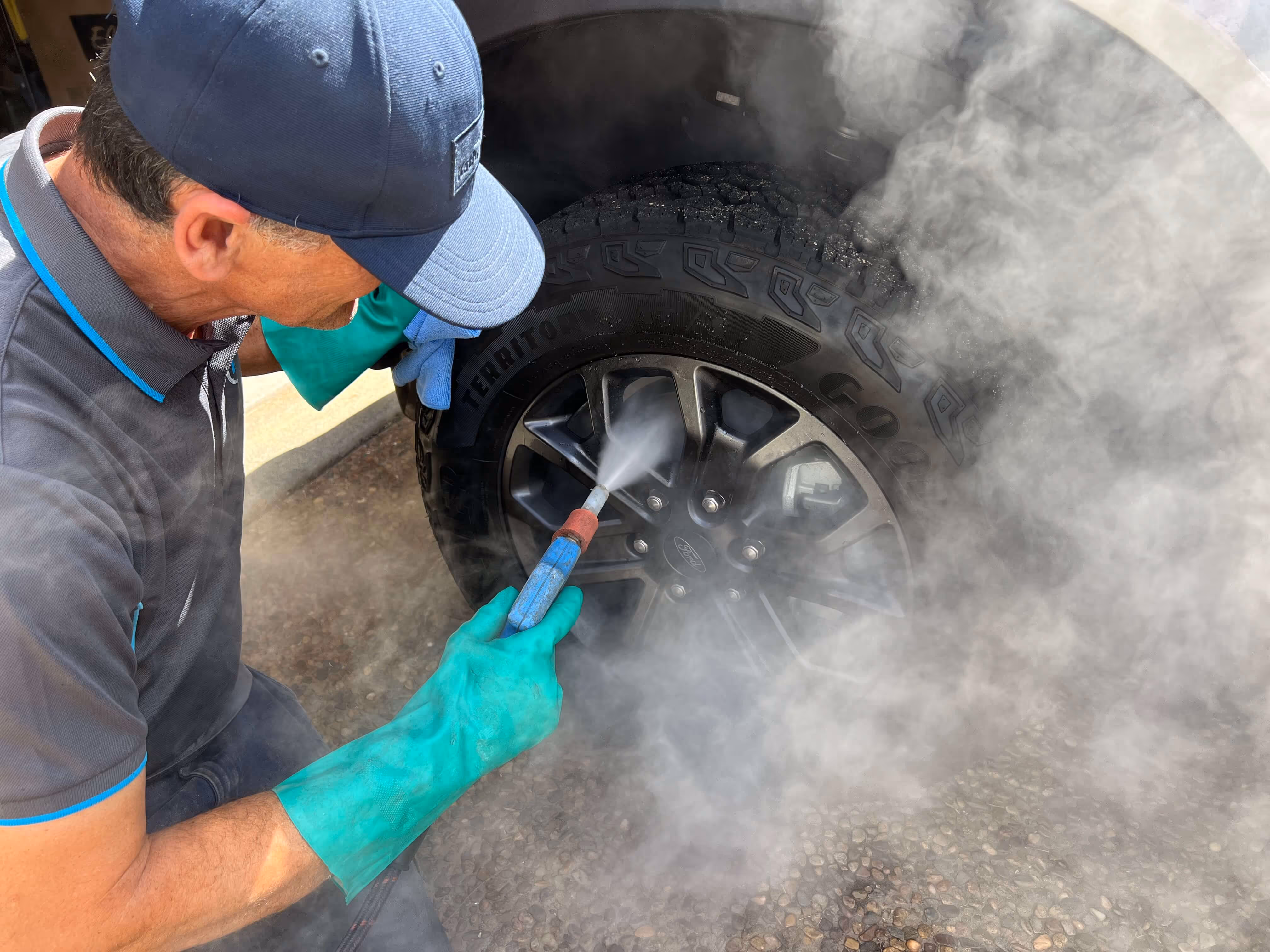 The stubborn, sticky brake dust is effectively loosened and removed with Steam Cleaning