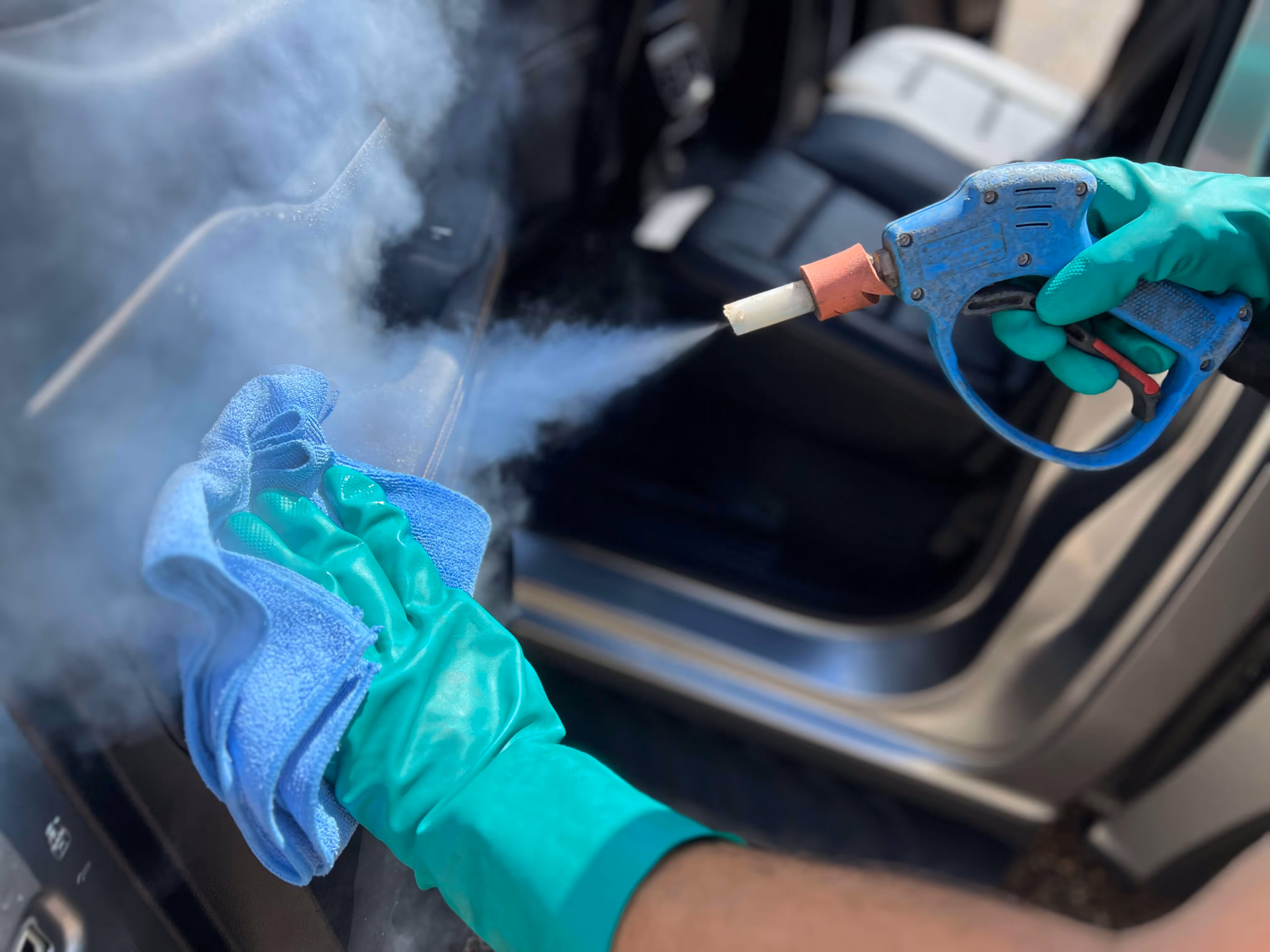 Steam Cleaning of door panels removes grime, sunscreen, makeup and dust in hard to reach areas of trim, upholstery and leather