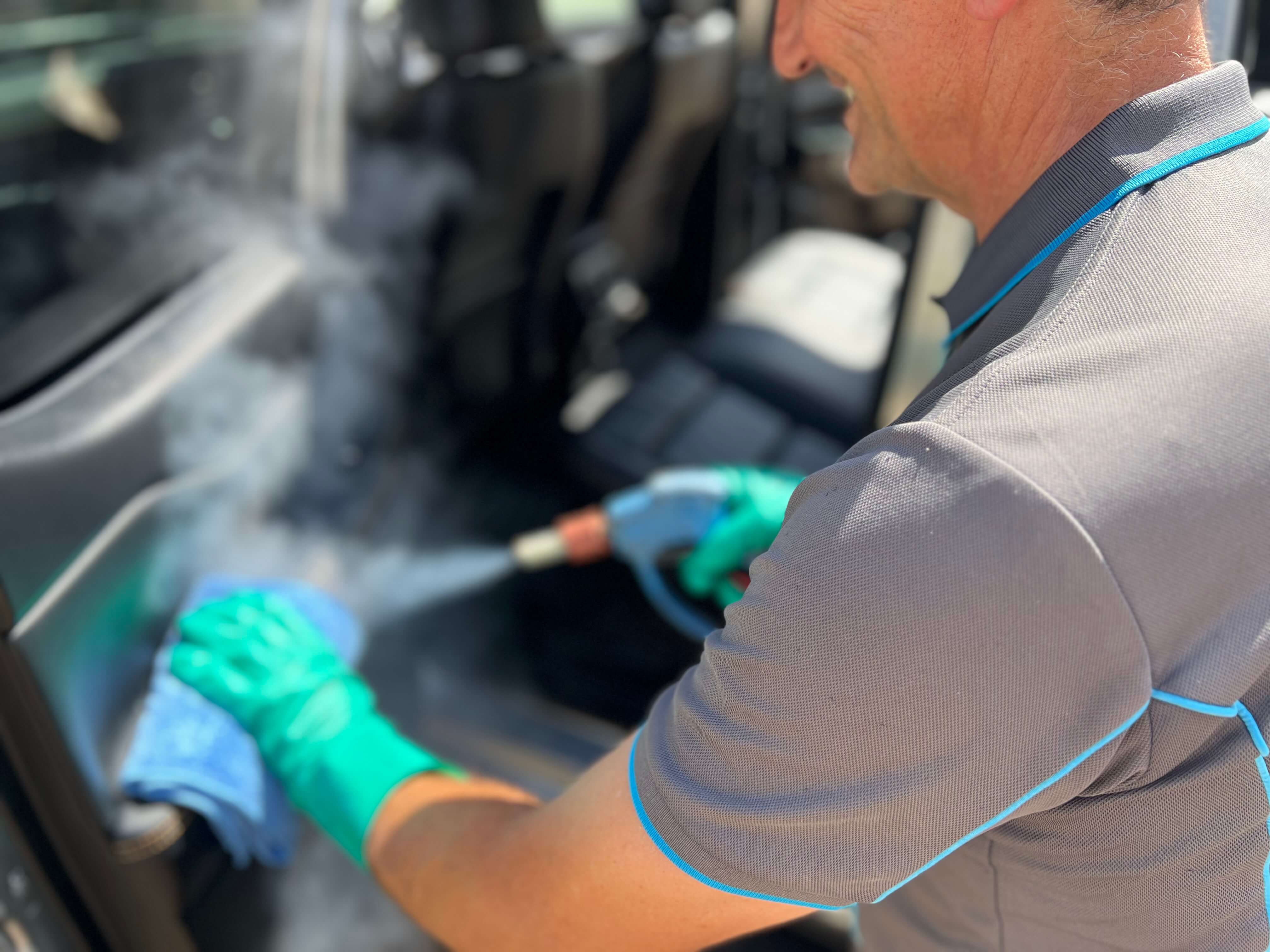 Steam Cleaning of door panels removes grime, sunscreen, makeup and dust in hard to reach areas of trim, upholstery and leather