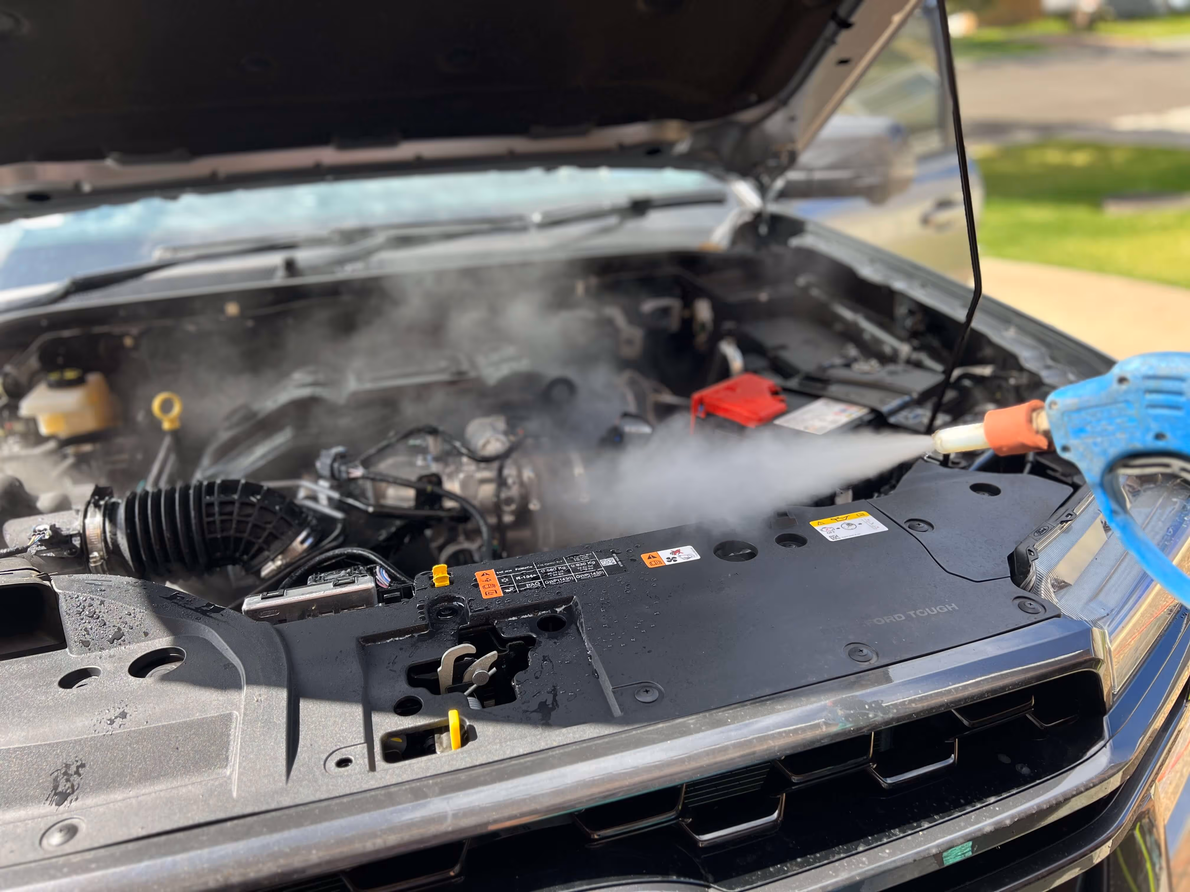 Steam Cleaning of engine bays is a safe and effective way to remove built-up grease, oil, grime, dust and leaves from the engine bay