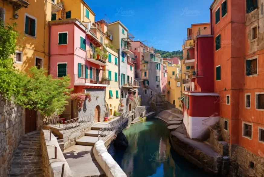 Colorful buildings along a narrow canal with clear blue sky overhead.
