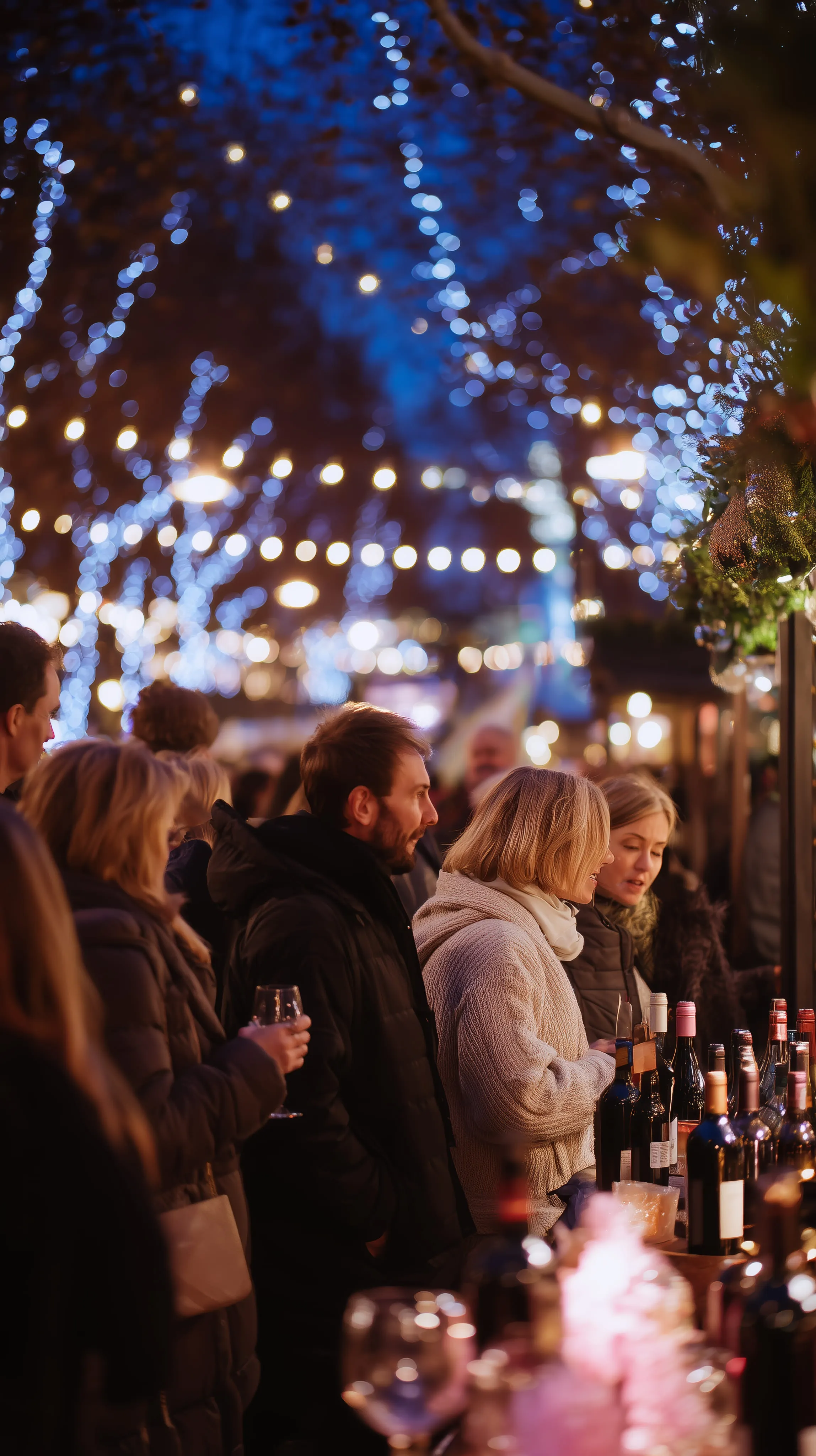 People in winter clothes browsing wine bottles at an outdoor market with festive string lights overhead.