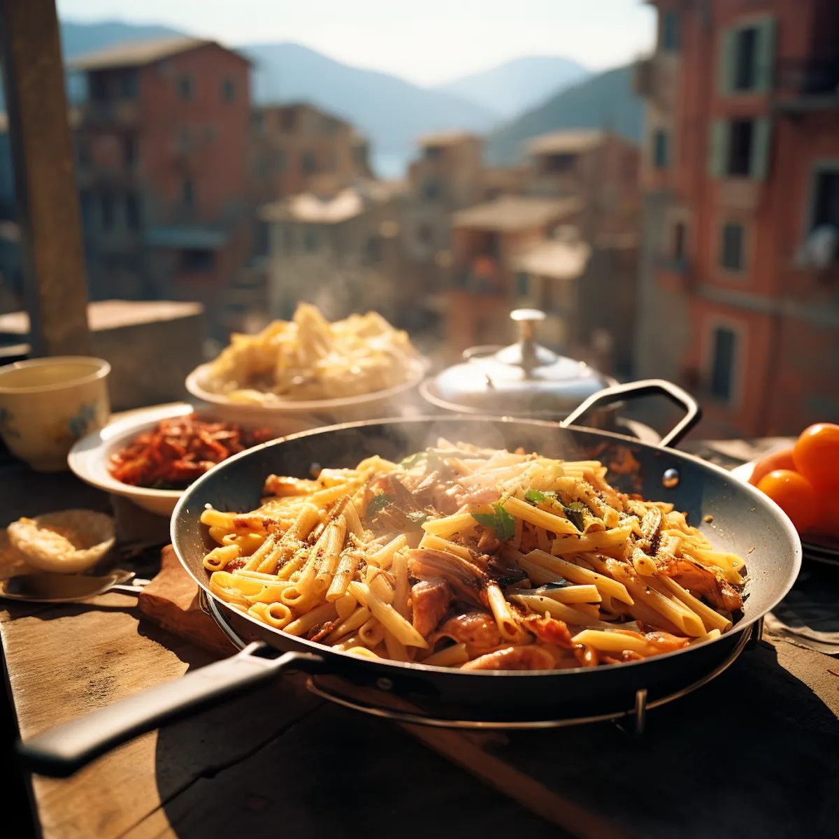 Pan of steaming cooked pasta with herbs and vegetables on a rustic wooden table outdoors.