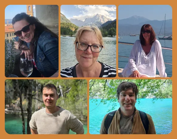 Collage of five adults smiling outdoors with mountains, water, and greenery in the backgrounds.