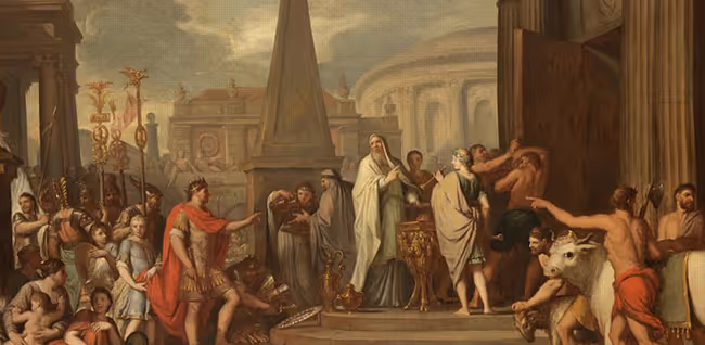 Classical painting of Roman figures in togas near an obelisk and temple columns, interacting in a historic scene.