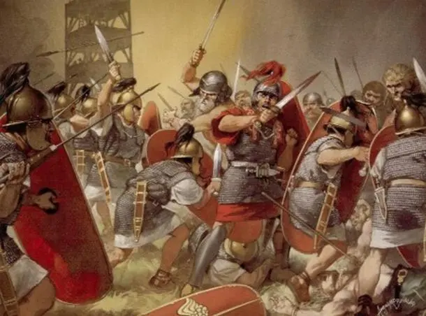 Ancient Roman soldiers in armor and helmets fight with swords and shields during battle.