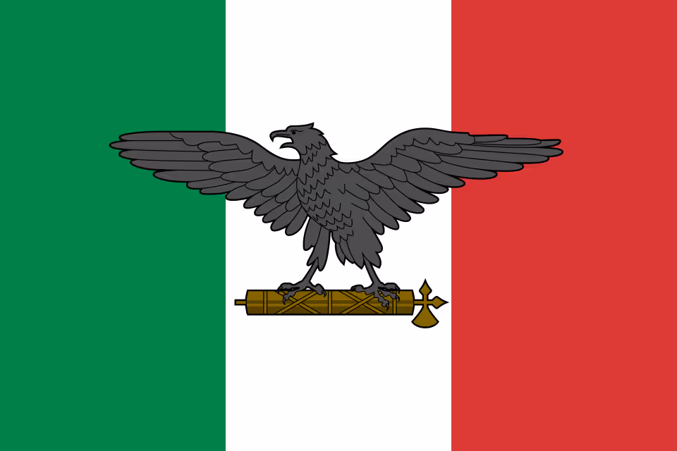 Flag with vertical green, white, and red stripes and a black eagle holding a fasces in the center.