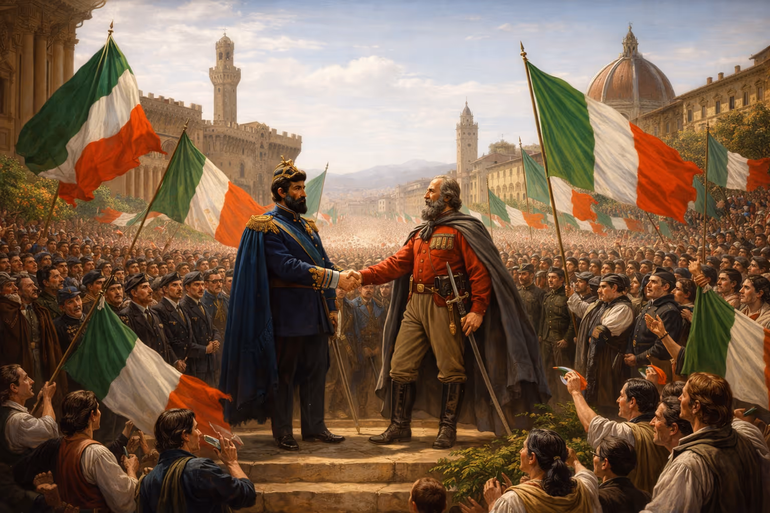 Two men shaking hands on steps amid a crowd waving Italian flags in a historic city square.